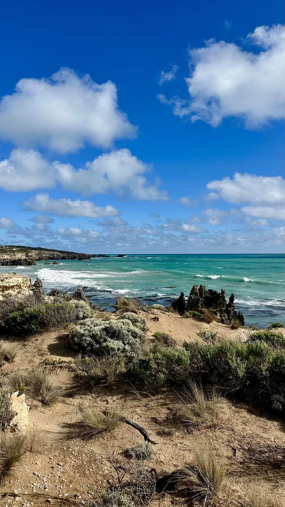 Cliffs above turquoise water under big clouds